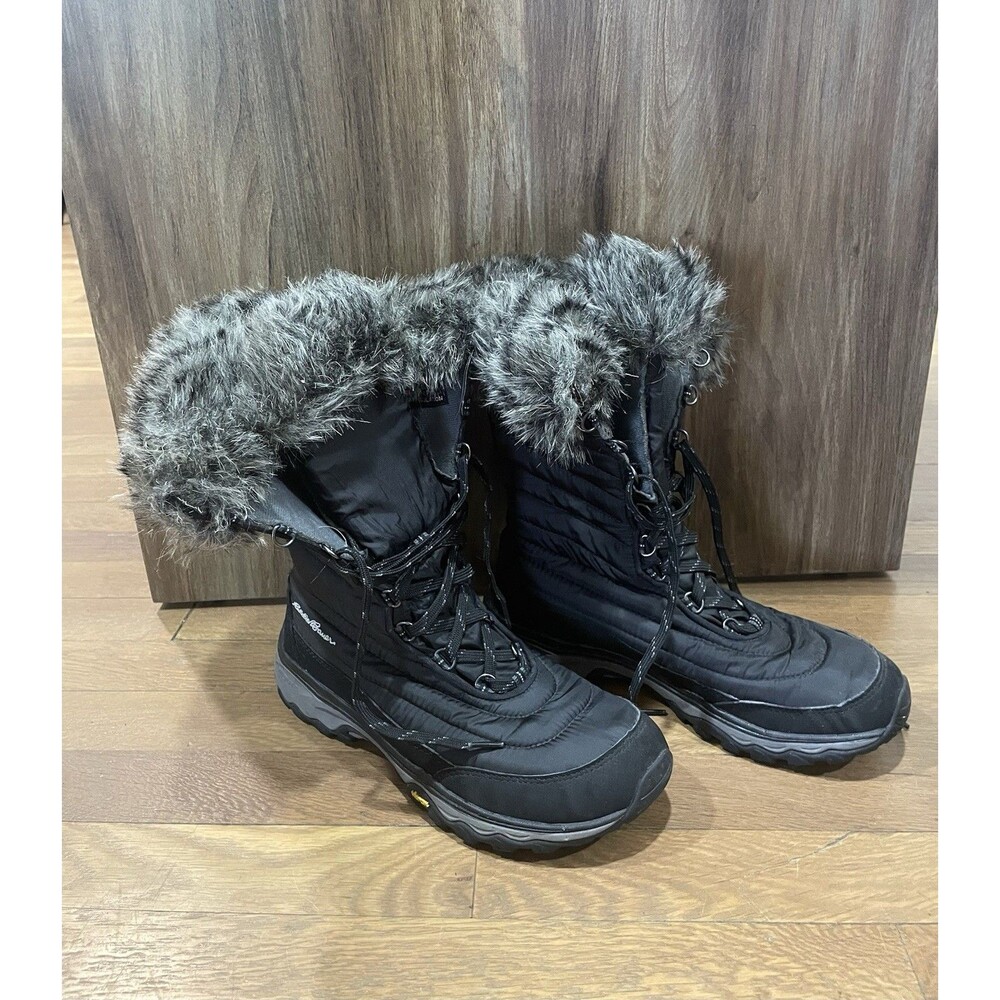 Eddie Bauer Black Vibram Insulated Fur Trim Mid Calf Winter Boots Womens Sz 9.5